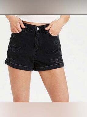 American Eagle Mom Shorts Womens 8 Cuffed High Rise Black Denim Distressed